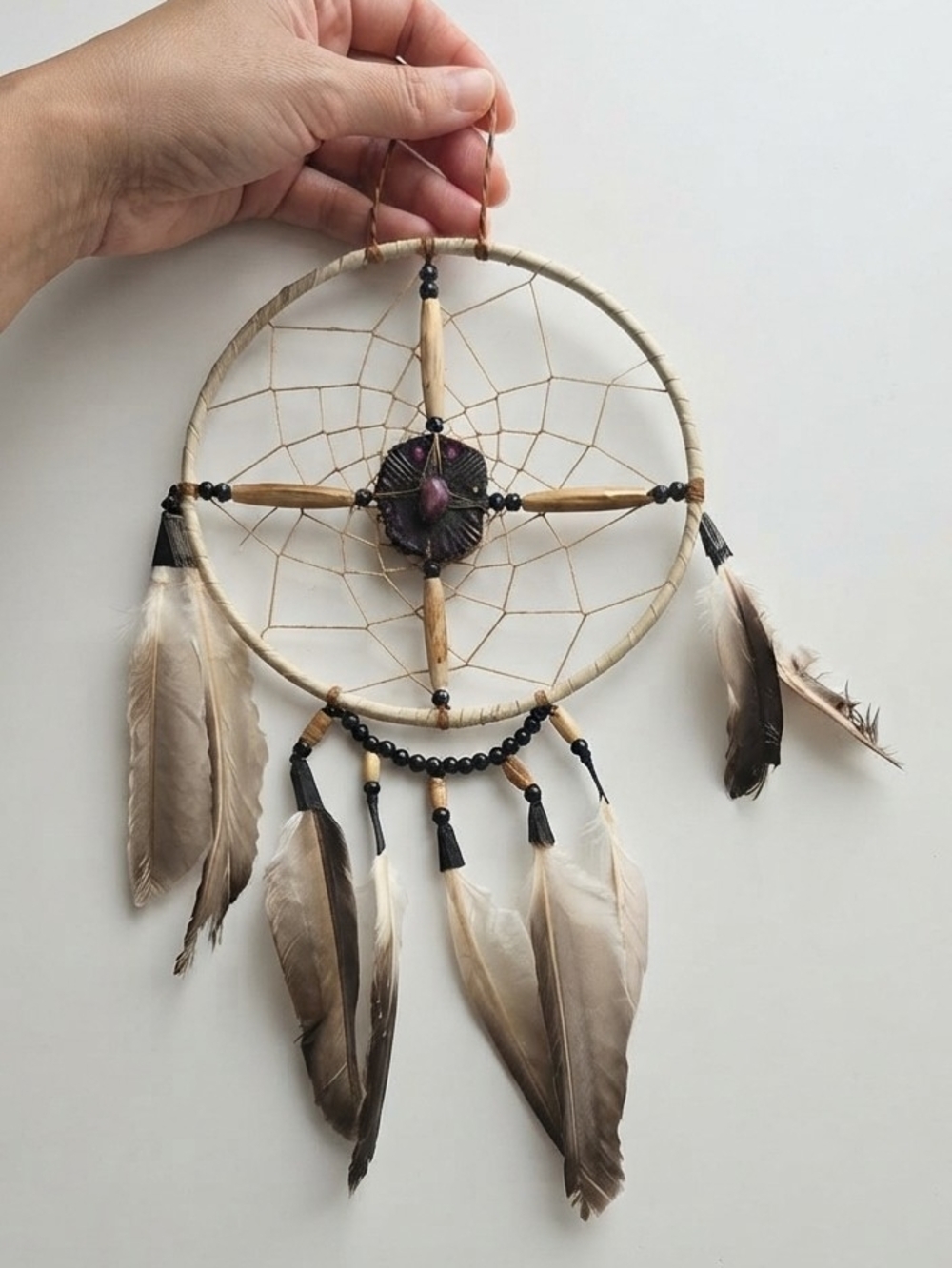 Handmade Beige Feather Dreamcatcher Wall Decor